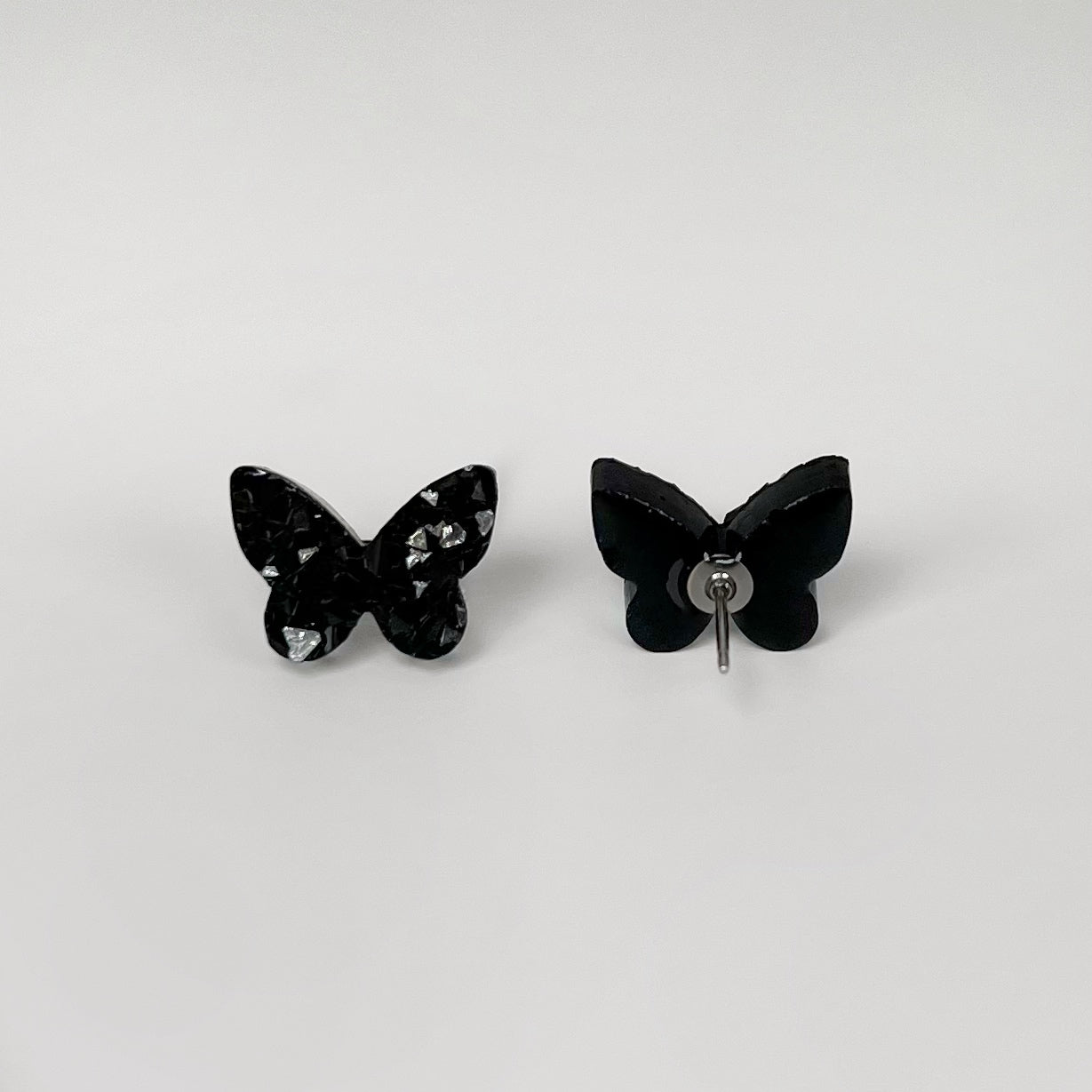 butterfly stud earrings, epoxy resin earrings, epoxy resin stud earrings, black stud earrings, stud earrings, stainless steel earrings, hypoallergenic earrings, crystal earrings, druse earrings, druzy studs, druzy earrings, butterfly earrings, earring gift for her