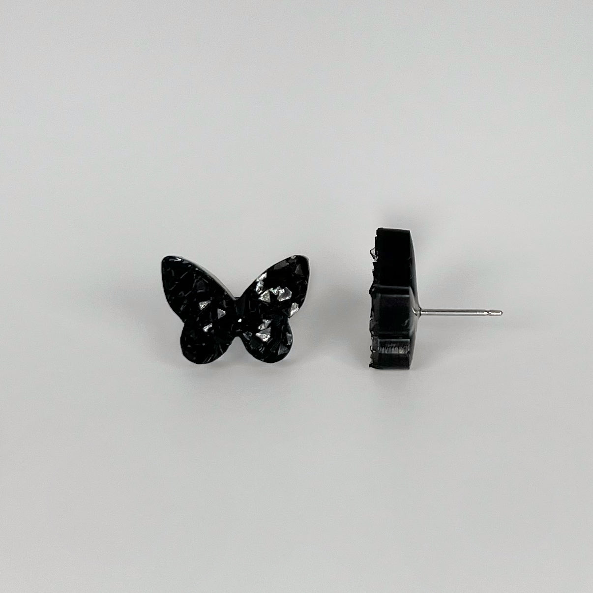 butterfly stud earrings, epoxy resin earrings, epoxy resin stud earrings, black stud earrings, stud earrings, stainless steel earrings, hypoallergenic earrings, crystal earrings, druse earrings, druzy studs, druzy earrings, butterfly earrings, earring gift for her