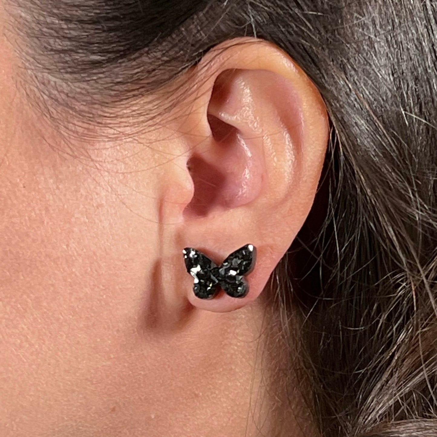 butterfly stud earrings, epoxy resin earrings, epoxy resin stud earrings, black stud earrings, stud earrings, stainless steel earrings, hypoallergenic earrings, crystal earrings, druse earrings, druzy studs, druzy earrings, butterfly earrings, earring gift for her