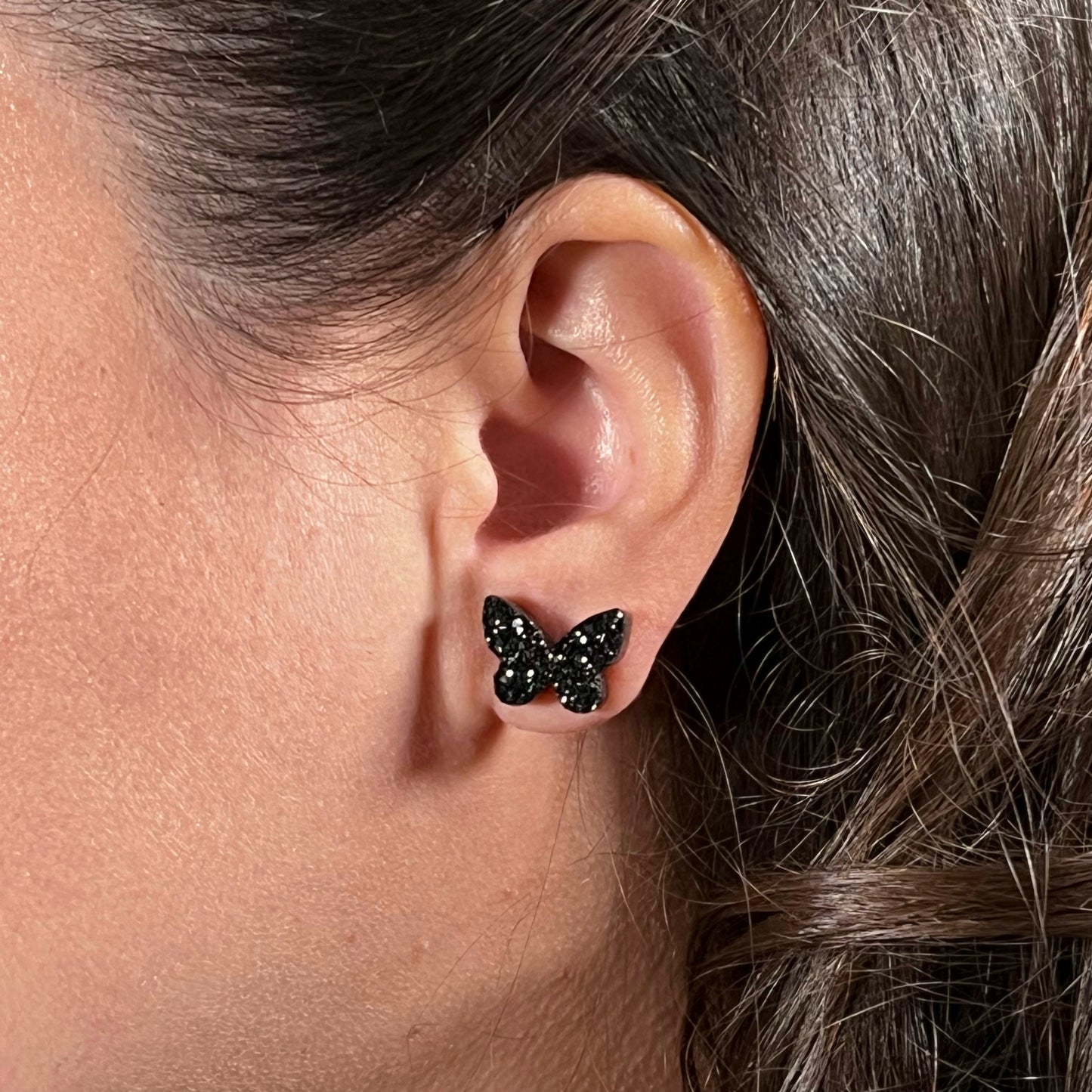 butterfly stud earrings, epoxy resin earrings, epoxy resin stud earrings, black stud earrings, stud earrings, stainless steel earrings, hypoallergenic earrings, crystal earrings, druse earrings, druzy studs, druzy earrings, butterfly earrings, earring gift for her