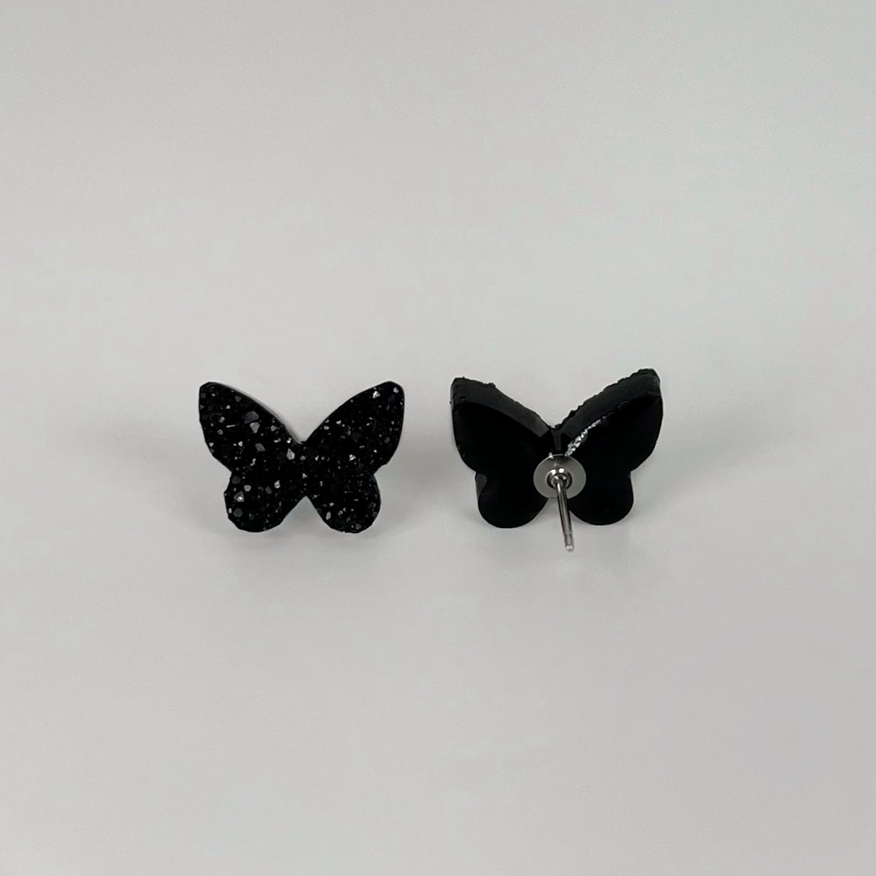 butterfly stud earrings, epoxy resin earrings, epoxy resin stud earrings, black stud earrings, stud earrings, stainless steel earrings, hypoallergenic earrings, crystal earrings, druse earrings, druzy studs, druzy earrings, butterfly earrings, earring gift for her