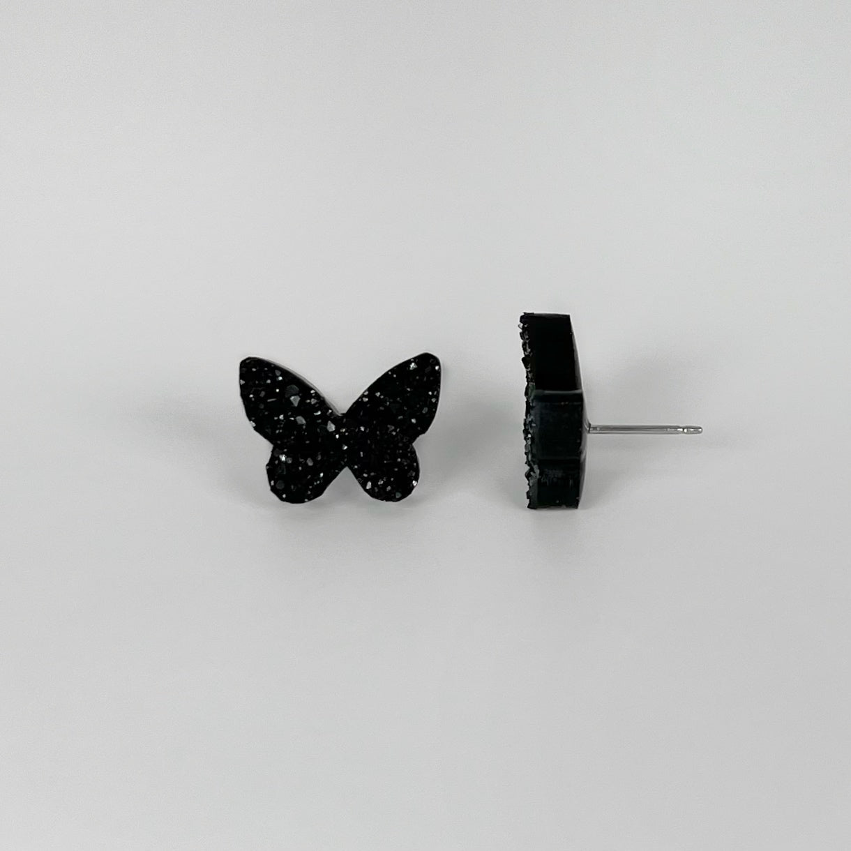 butterfly stud earrings, epoxy resin earrings, epoxy resin stud earrings, black stud earrings, stud earrings, stainless steel earrings, hypoallergenic earrings, crystal earrings, druse earrings, druzy studs, druzy earrings, butterfly earrings, earring gift for her