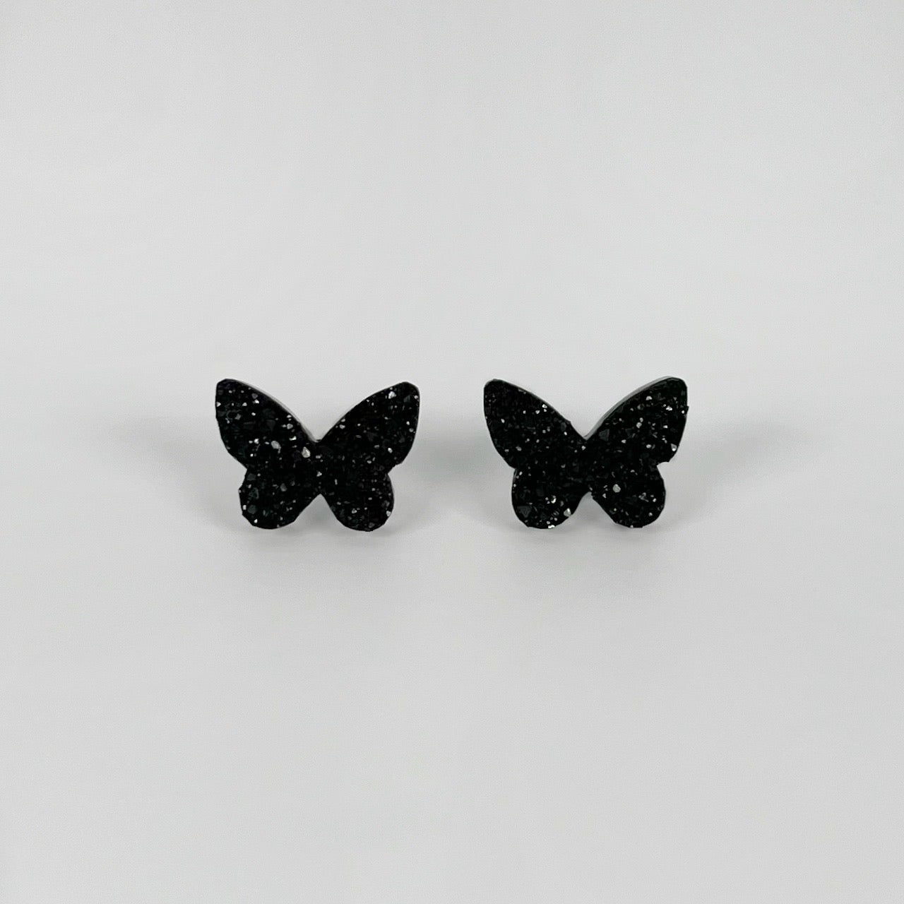 butterfly stud earrings, epoxy resin earrings, epoxy resin stud earrings, black stud earrings, stud earrings, stainless steel earrings, hypoallergenic earrings, crystal earrings, druse earrings, druzy studs, druzy earrings, butterfly earrings, earring gift for her