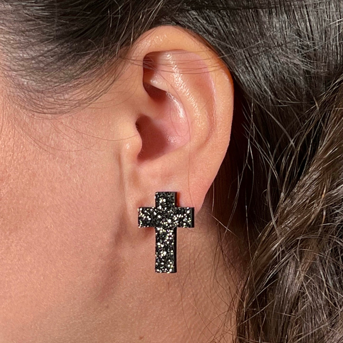 cross earrings, cross stud earrings, sepoxy resin earrings, epoxy resin stud earrings, black stud earrings, stud earrings, stainless steel earrings, hypoallergenic earrings, crystal earrings, druse earrings, druzy studs, druzy earrings, earring gift for her
