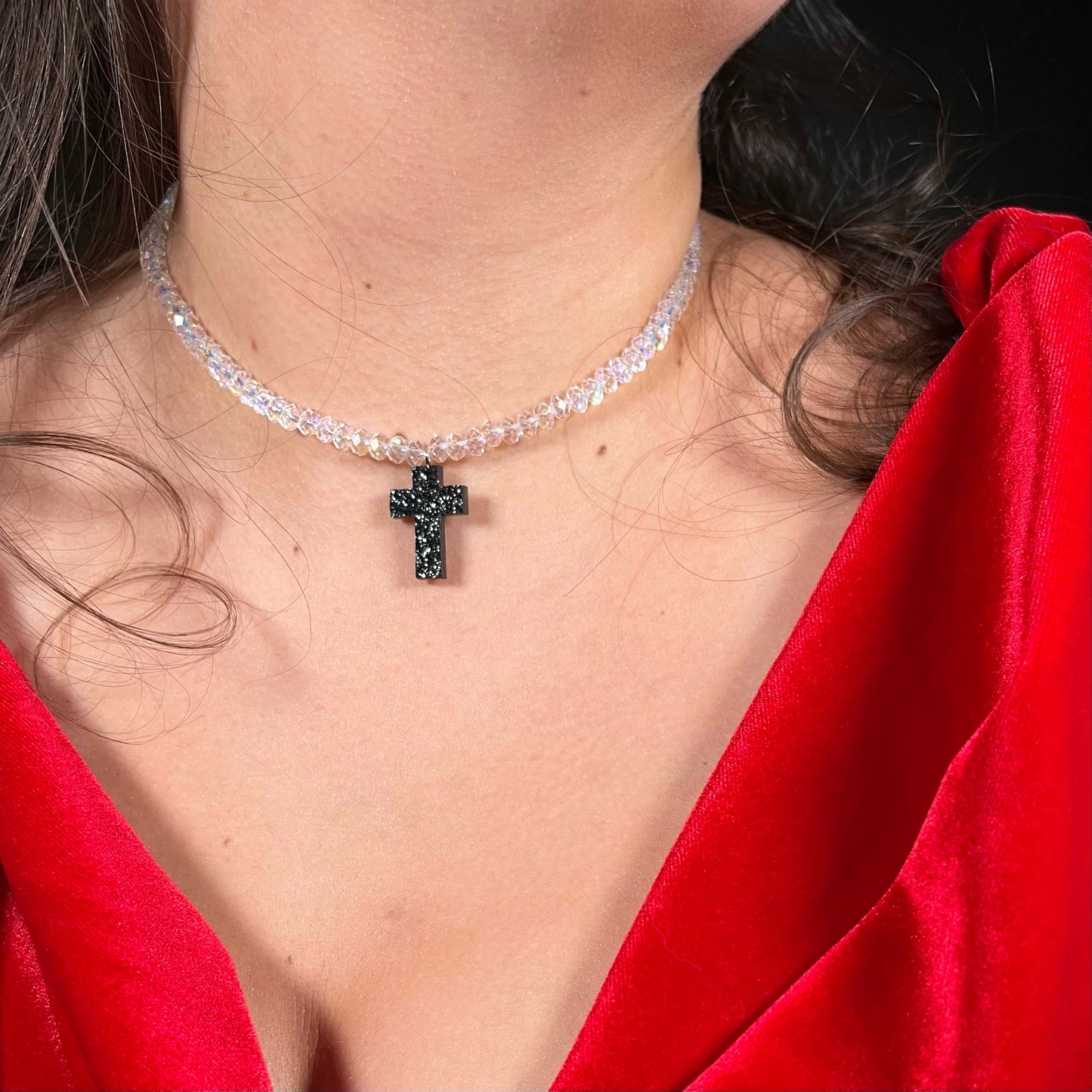 cross necklace, beaded necklace, beaded cross necklace, stainless steel necklace, hypoallergenic jewelry,
gift for her, cross pendant, resin necklace, resin cross