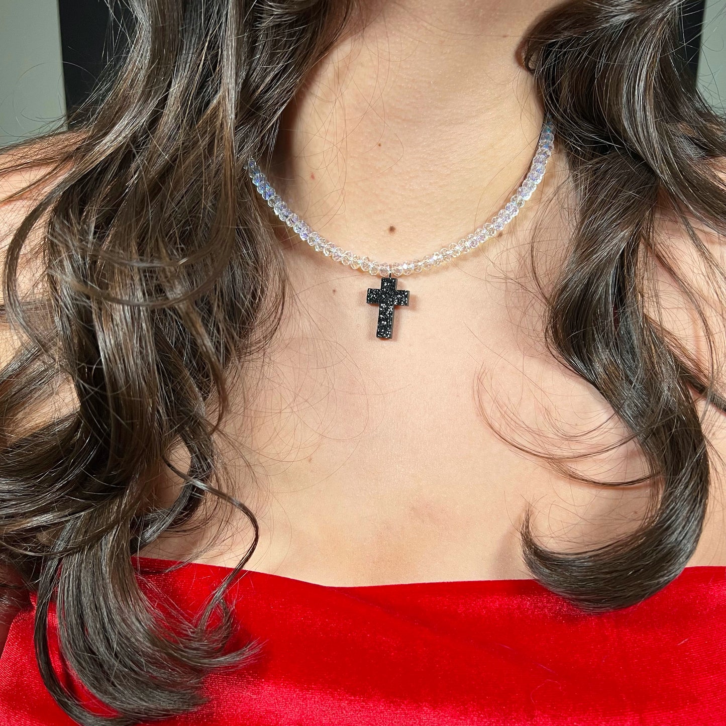 cross necklace, beaded necklace, beaded cross necklace, stainless steel necklace, hypoallergenic jewelry,
gift for her, cross pendant, resin necklace, resin cross