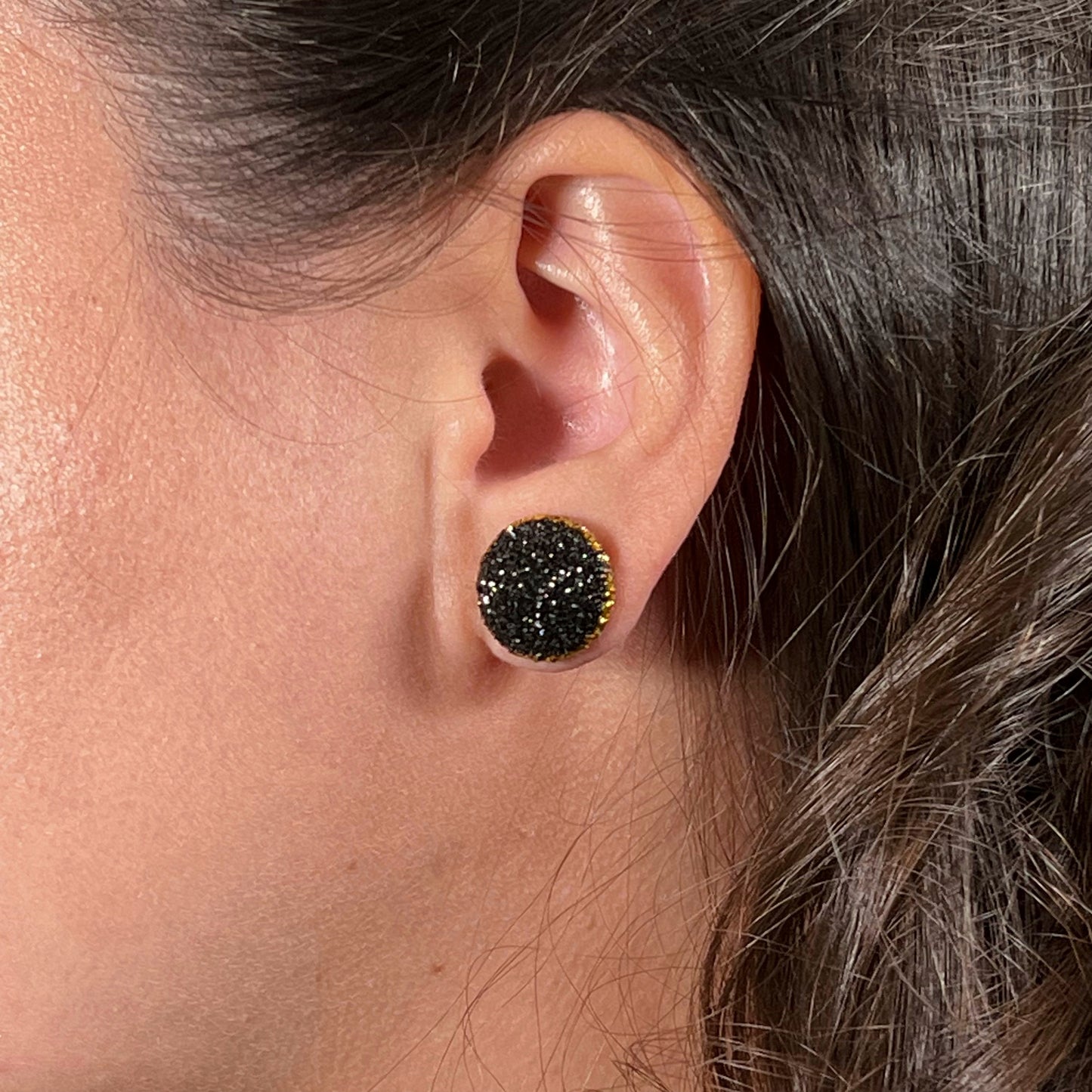 Diana earrings, round stud earrings, epoxy resin earrings, epoxy resin stud earrings, black stud earrings, stud earrings, stainless steel earrings, hypoallergenic earrings, crystal earrings, druse earrings, druzy studs, druzy earrings, round earrings, earring gift for her, circle stud earrings