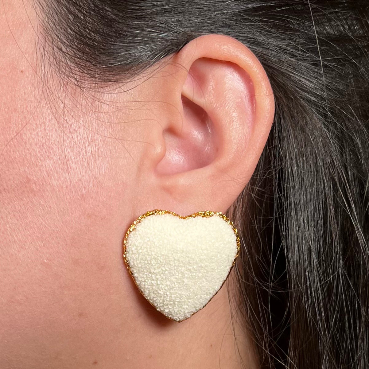 heart stud earrings, epoxy resin earrings, epoxy resin stud earrings, white stud earrings, ivory stud earrings, stud earrings, stainless steel earrings, hypoallergenic earrings, crystal earrings, druse earrings, druzy studs, druzy earrings, heart earrings, earring gift for her