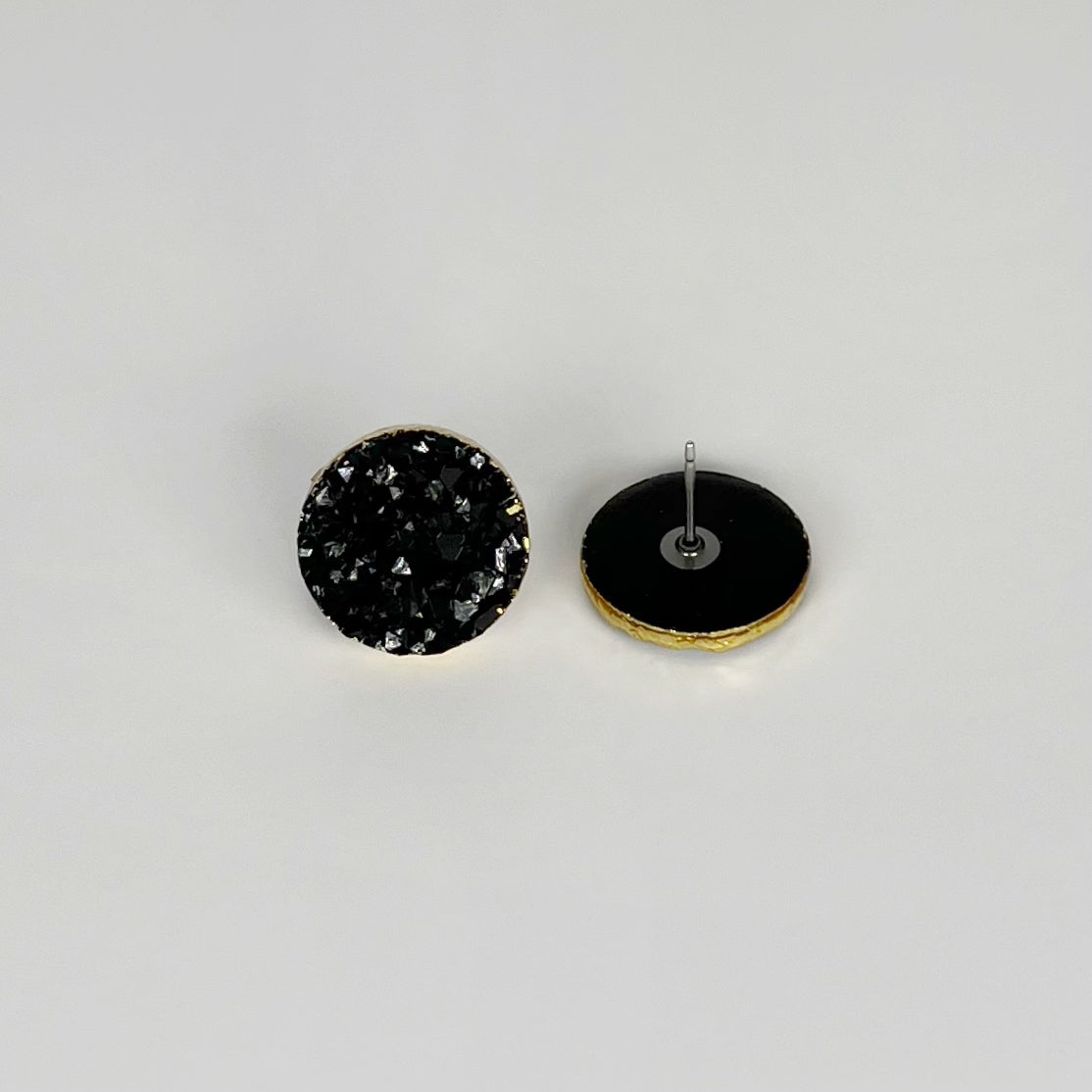 round stud earrings, epoxy resin earrings, epoxy resin stud earrings, black stud earrings, stud earrings, stainless steel earrings, hypoallergenic earrings, crystal earrings, druse earrings, druzy studs, druzy earrings, round earrings, earring gift for her, circle stud earring