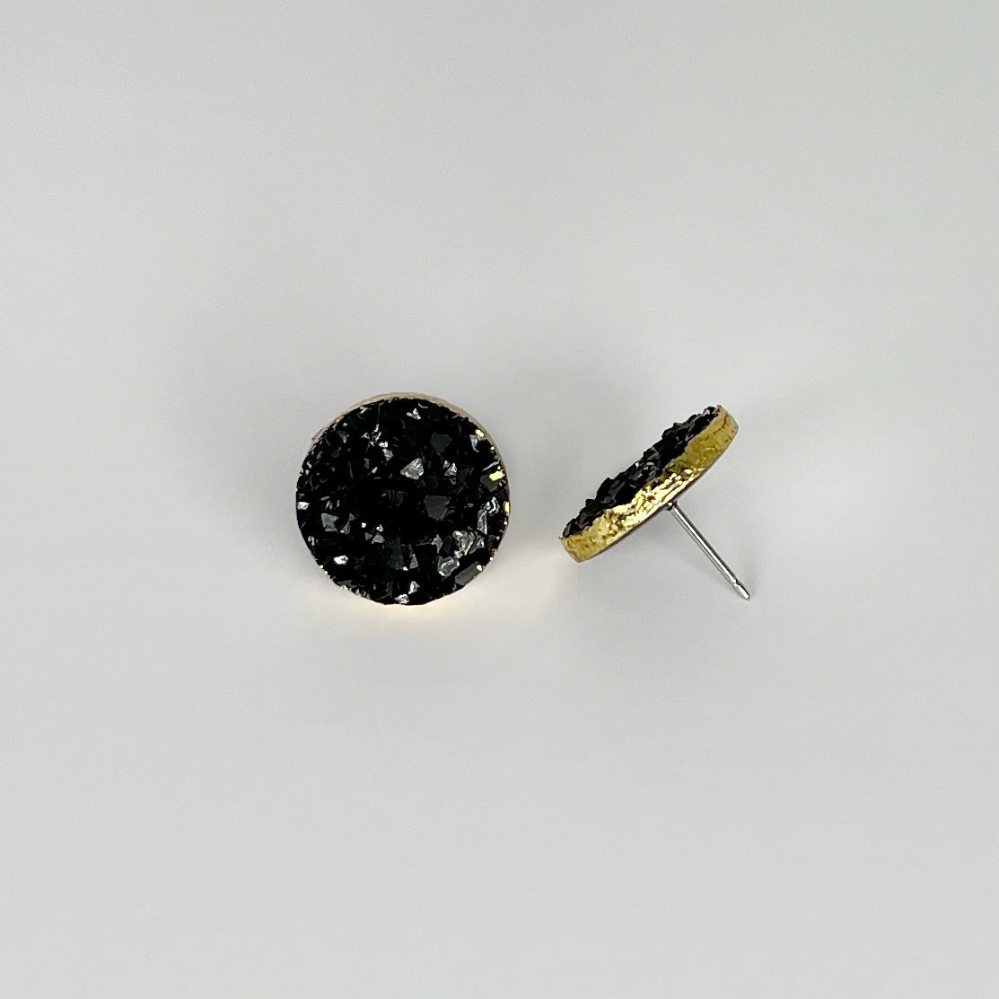 round stud earrings, epoxy resin earrings, epoxy resin stud earrings, black stud earrings, stud earrings, stainless steel earrings, hypoallergenic earrings, crystal earrings, druse earrings, druzy studs, druzy earrings, round earrings, earring gift for her, circle stud earring