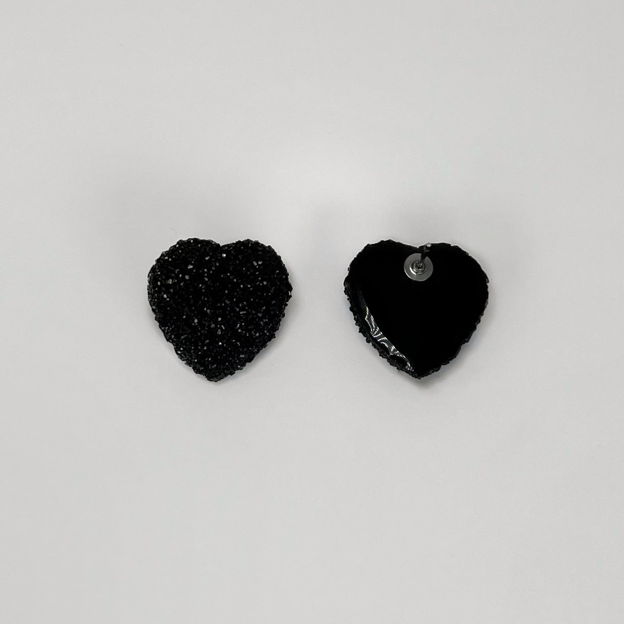 heart stud earrings, epoxy resin earrings, epoxy resin stud earrings, black stud earrings, stud earrings, stainless steel earrings, hypoallergenic earrings, crystal earrings, druse earrings, druzy studs, druzy earrings, heart earrings, earring gift for her