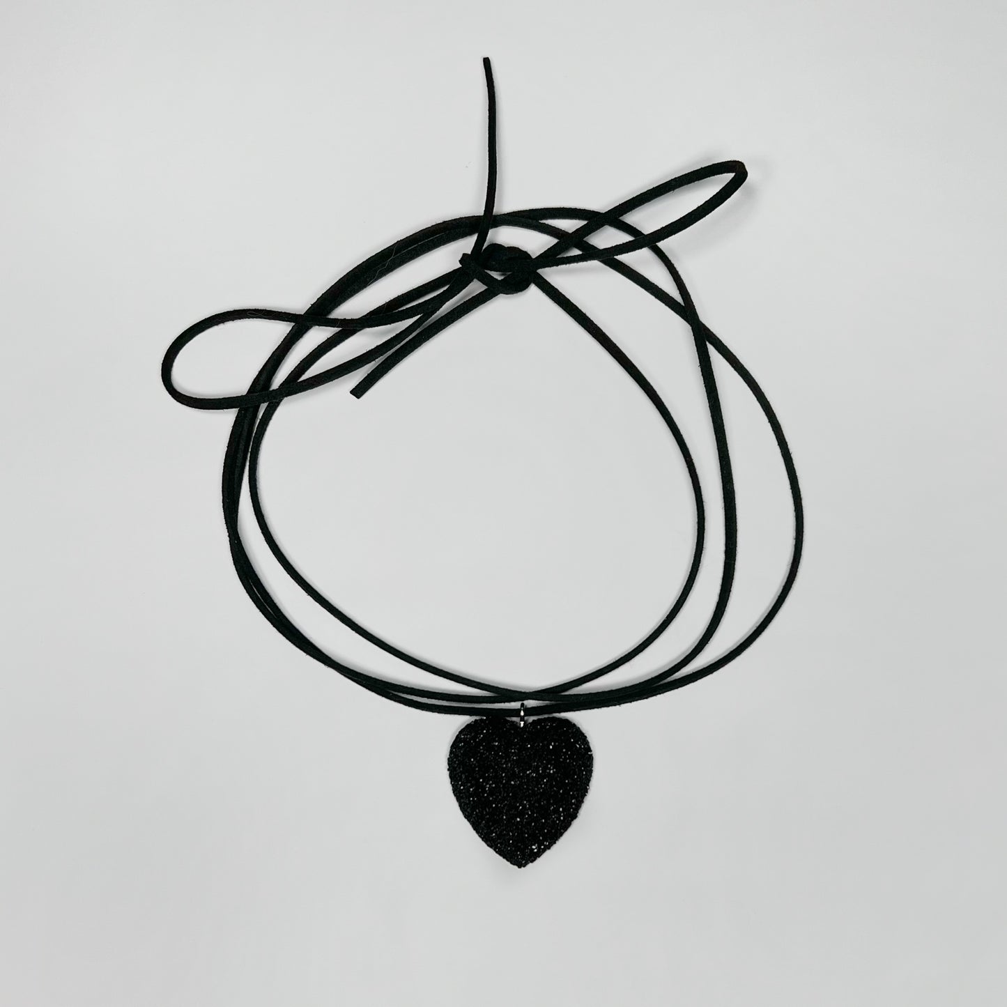 Puffy Heart Leather Black Bow Suede Cord Necklace Y2K Unisex Jewelry Choker suede necklace with heart pendant tie bow choker, Black cord y2k choker