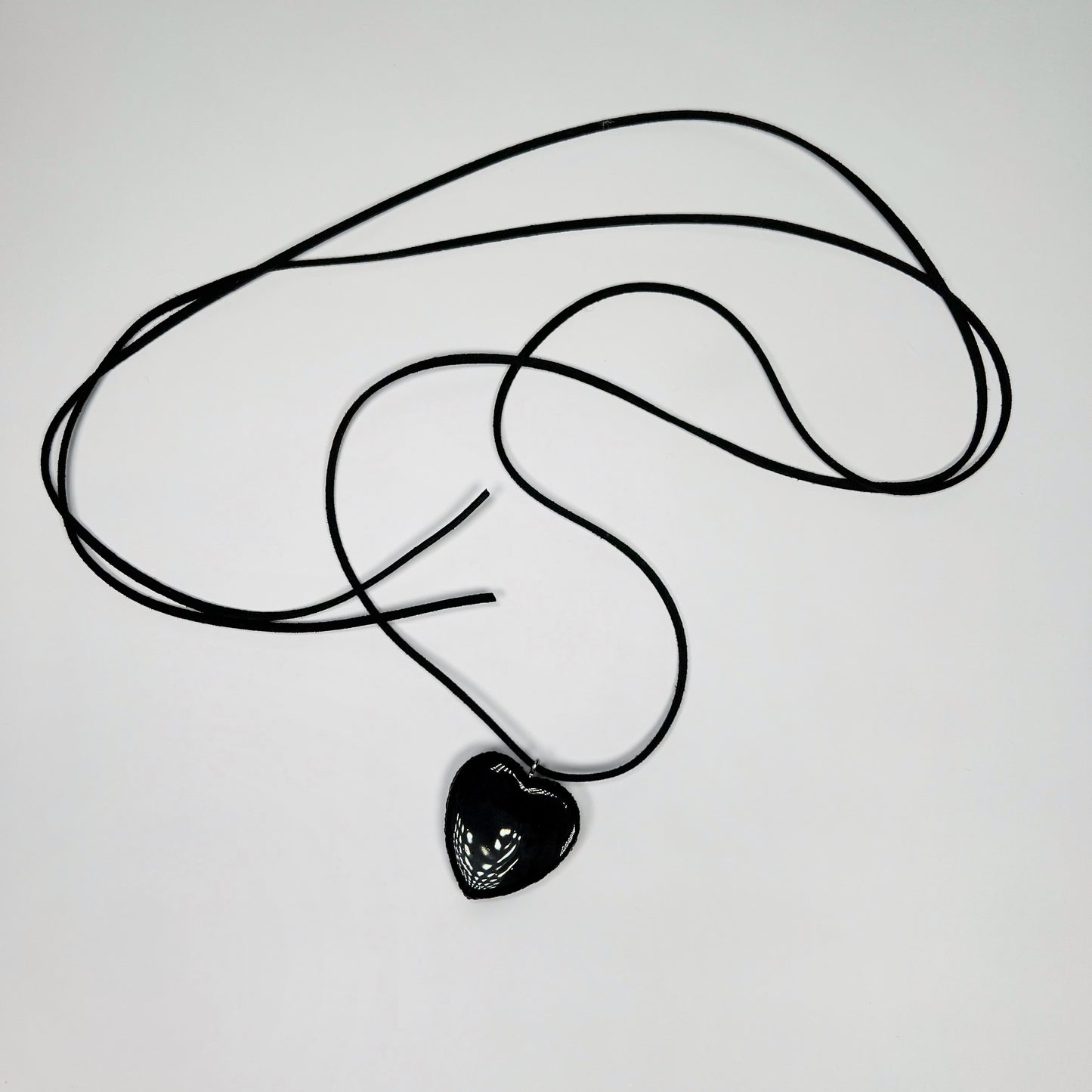 Puffy Heart Leather Black Bow Suede Cord Necklace Y2K Unisex Jewelry Choker suede necklace with heart pendant tie bow choker, Black cord y2k choker