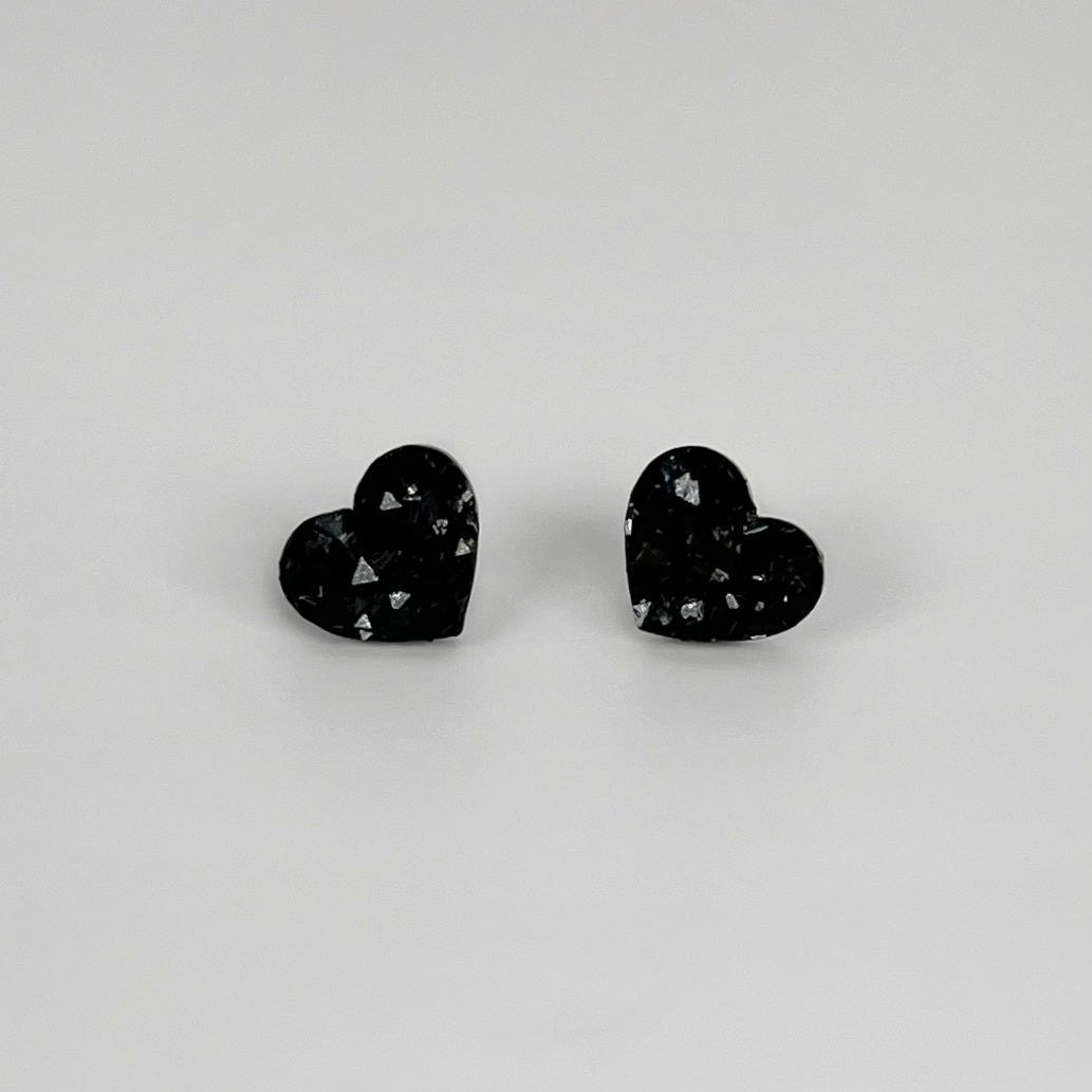 heart stud earrings, epoxy resin earrings, epoxy resin stud earrings, black stud earrings, stud earrings, stainless steel earrings, hypoallergenic earrings, crystal earrings, druse earrings, druzy studs, druzy earrings, heart earrings, earring gift for her