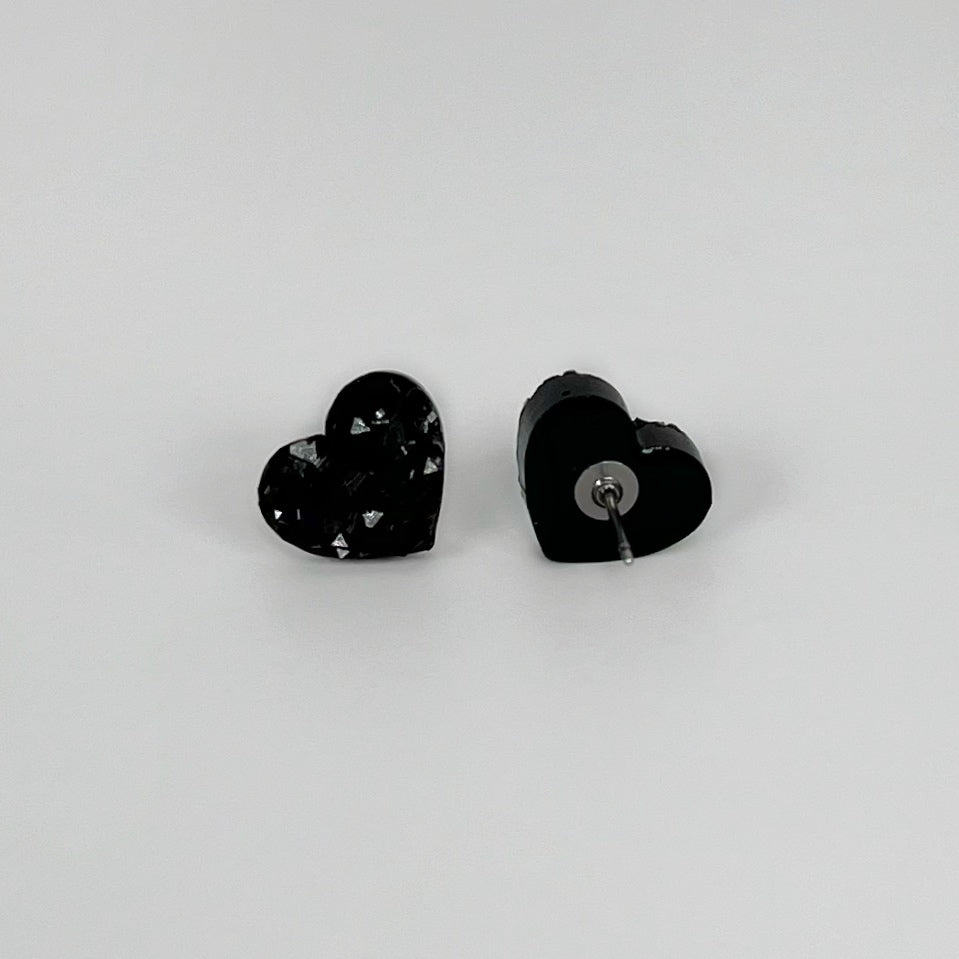 heart stud earrings, epoxy resin earrings, epoxy resin stud earrings, black stud earrings, stud earrings, stainless steel earrings, hypoallergenic earrings, crystal earrings, druse earrings, druzy studs, druzy earrings, heart earrings, earring gift for her