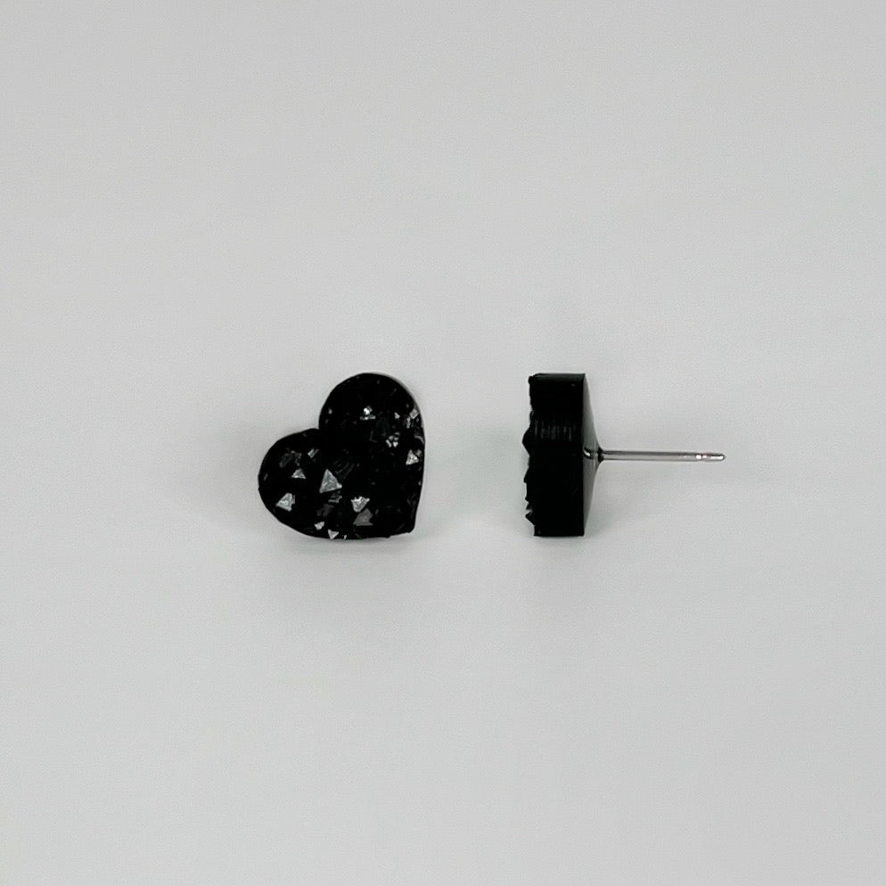 heart stud earrings, epoxy resin earrings, epoxy resin stud earrings, black stud earrings, stud earrings, stainless steel earrings, hypoallergenic earrings, crystal earrings, druse earrings, druzy studs, druzy earrings, heart earrings, earring gift for her