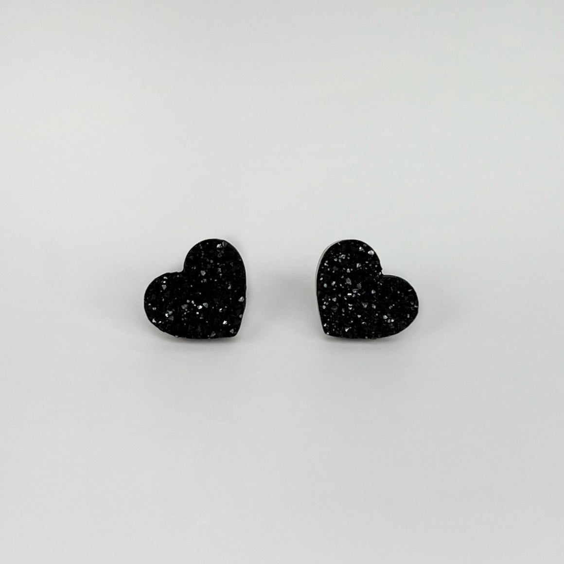heart stud earrings, epoxy resin earrings, epoxy resin stud earrings, black stud earrings, stud earrings, stainless steel earrings, hypoallergenic earrings, crystal earrings, druse earrings, druzy studs, druzy earrings, heart earrings, earring gift for her