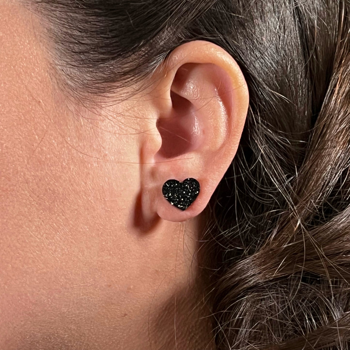 heart stud earrings, epoxy resin earrings, epoxy resin stud earrings, black stud earrings, stud earrings, stainless steel earrings, hypoallergenic earrings, crystal earrings, druse earrings, druzy studs, druzy earrings, heart earrings, earring gift for her