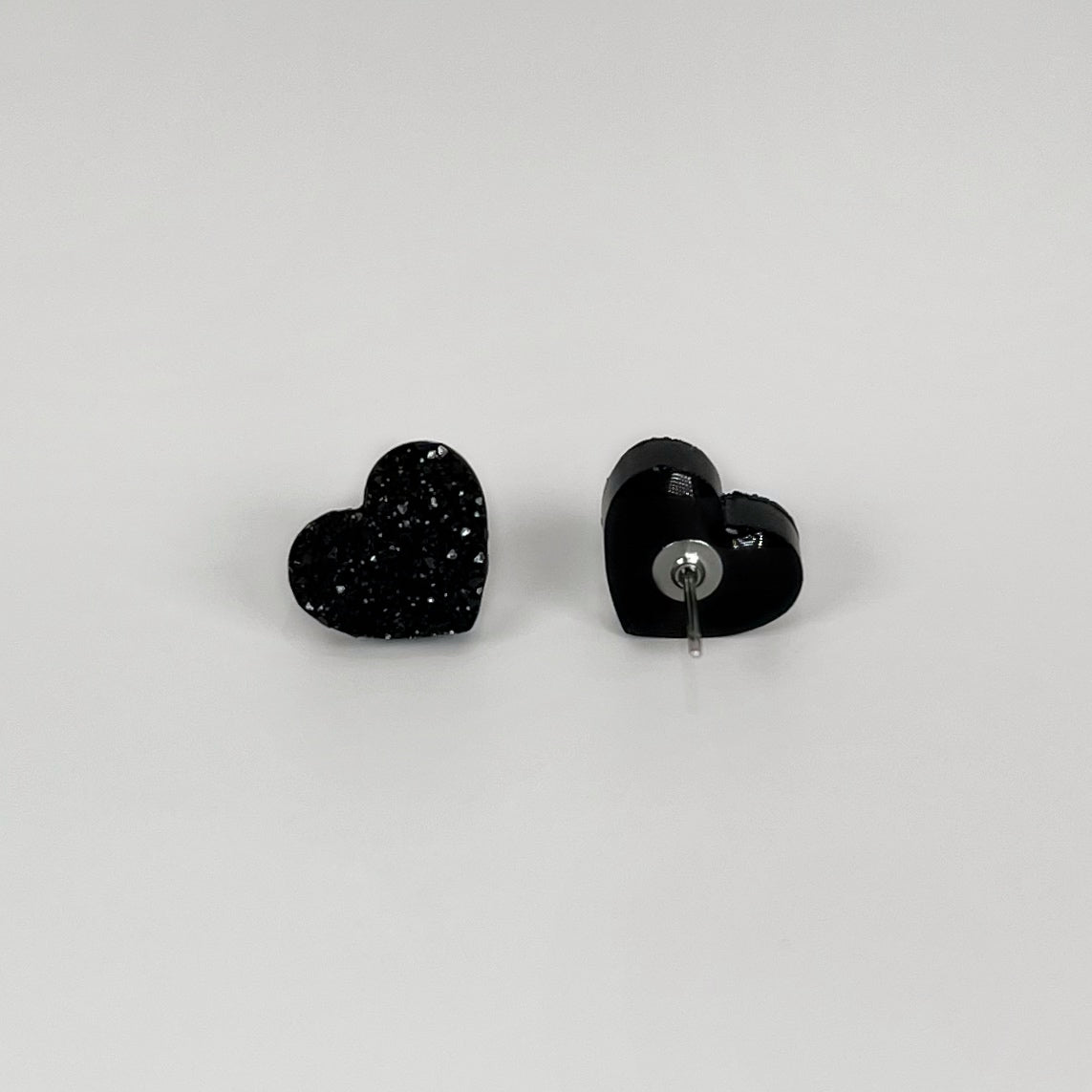 heart stud earrings, epoxy resin earrings, epoxy resin stud earrings, black stud earrings, stud earrings, stainless steel earrings, hypoallergenic earrings, crystal earrings, druse earrings, druzy studs, druzy earrings, heart earrings, earring gift for her