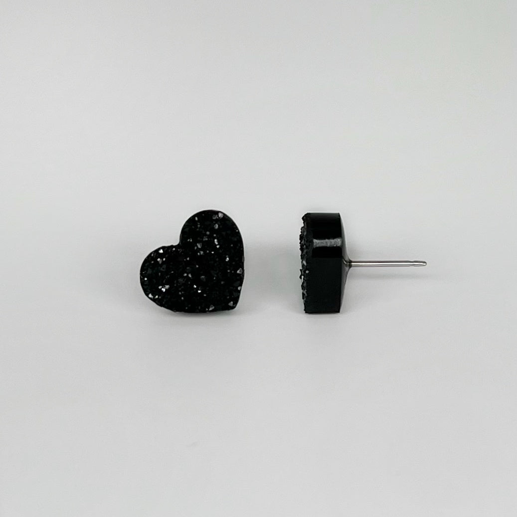 heart stud earrings, epoxy resin earrings, epoxy resin stud earrings, black stud earrings, stud earrings, stainless steel earrings, hypoallergenic earrings, crystal earrings, druse earrings, druzy studs, druzy earrings, heart earrings, earring gift for her