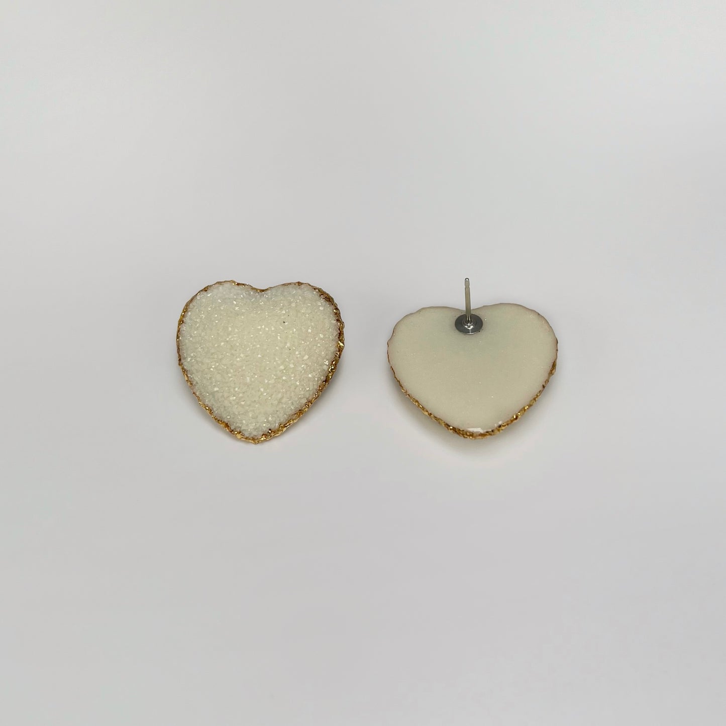 heart stud earrings, epoxy resin earrings, epoxy resin stud earrings, white stud earrings, stud earrings, ivory stud earrings, stainless steel earrings, hypoallergenic earrings, crystal earrings, druse earrings, druzy studs, druzy earrings, heart earrings, earring gift for her