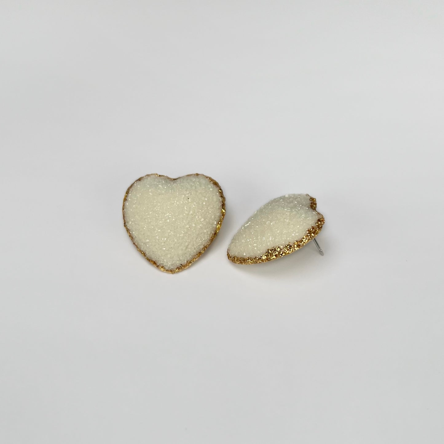 heart stud earrings, epoxy resin earrings, epoxy resin stud earrings, white stud earrings, stud earrings, ivory stud earrings, stainless steel earrings, hypoallergenic earrings, crystal earrings, druse earrings, druzy studs, druzy earrings, heart earrings, earring gift for her