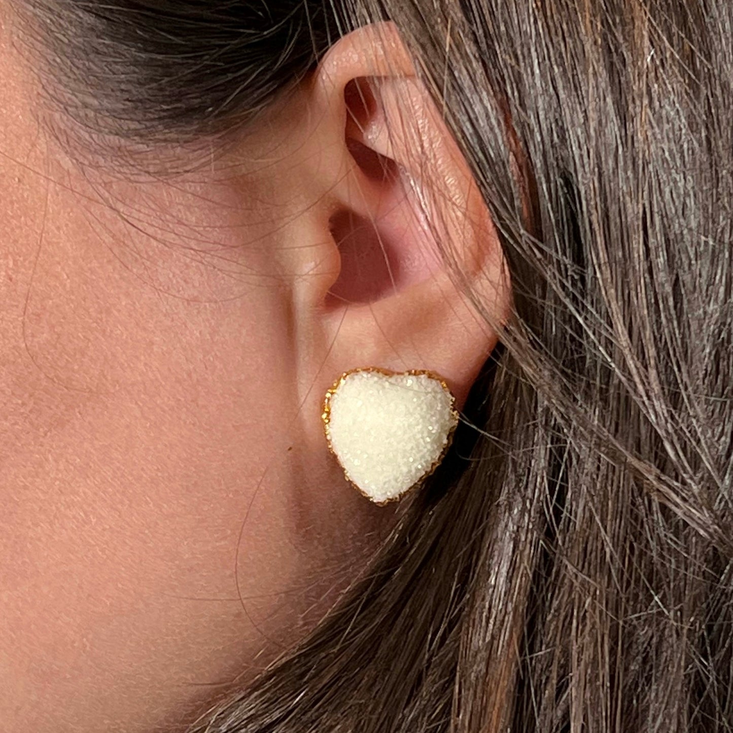 heart stud earrings, epoxy resin earrings, epoxy resin stud earrings, white stud earrings, stud earrings, ivory stud earrings, stainless steel earrings, hypoallergenic earrings, crystal earrings, druse earrings, druzy studs, druzy earrings, heart earrings, earring gift for her