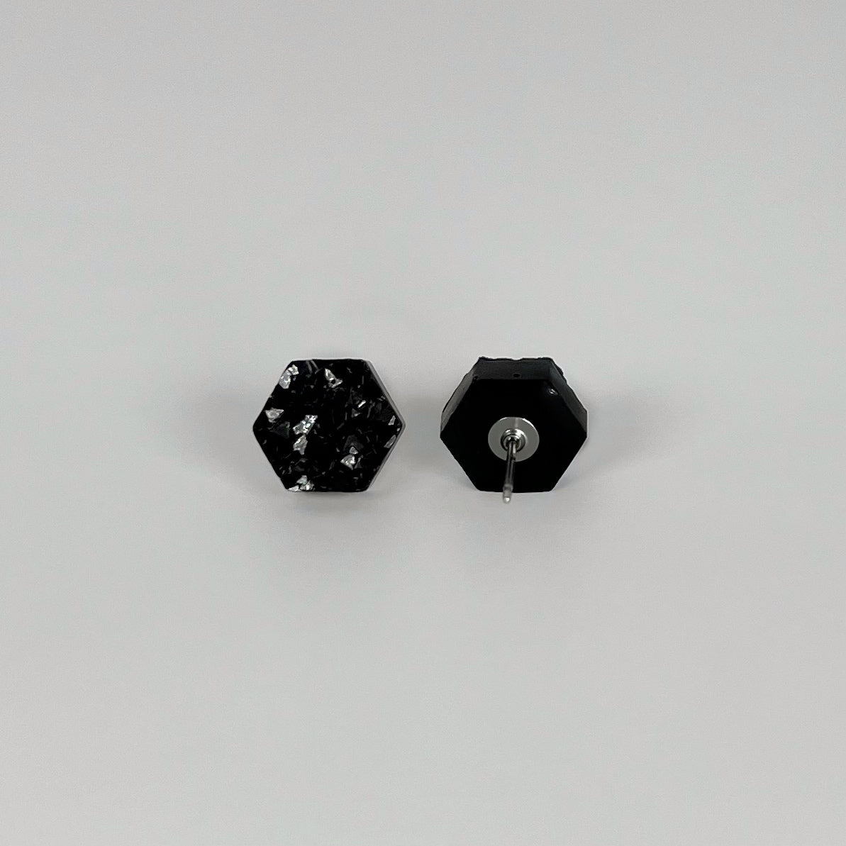epoxy resin earrings, epoxy resin stud earrings, black stud earrings, stud earrings, stainless steel earrings, hypoallergenic earrings, crystal earrings, druse earrings, druzy studs, druzy earrings, hexagon earrings, earring gift for her