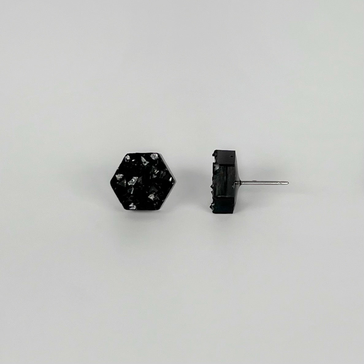 epoxy resin earrings, epoxy resin stud earrings, black stud earrings, stud earrings, stainless steel earrings, hypoallergenic earrings, crystal earrings, druse earrings, druzy studs, druzy earrings, hexagon earrings, earring gift for her