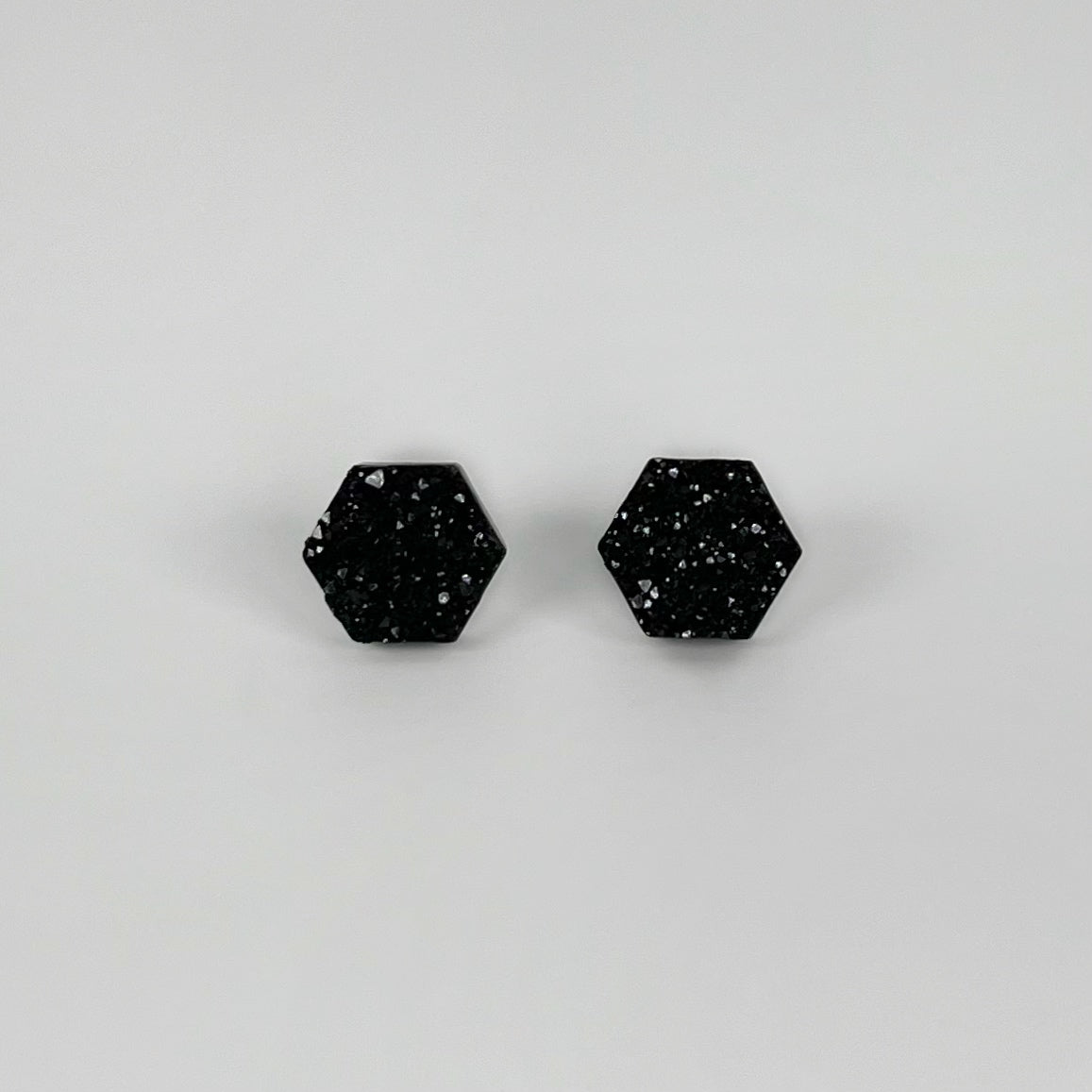 epoxy resin earrings, epoxy resin stud earrings, black stud earrings, stud earrings, stainless steel earrings, hypoallergenic earrings, crystal earrings, druse earrings, druzy studs, druzy earrings, hexagon earrings, earring gift for her