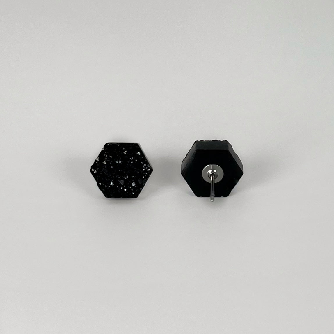 epoxy resin earrings, epoxy resin stud earrings, black stud earrings, stud earrings, stainless steel earrings, hypoallergenic earrings, crystal earrings, druse earrings, druzy studs, druzy earrings, hexagon earrings, earring gift for her