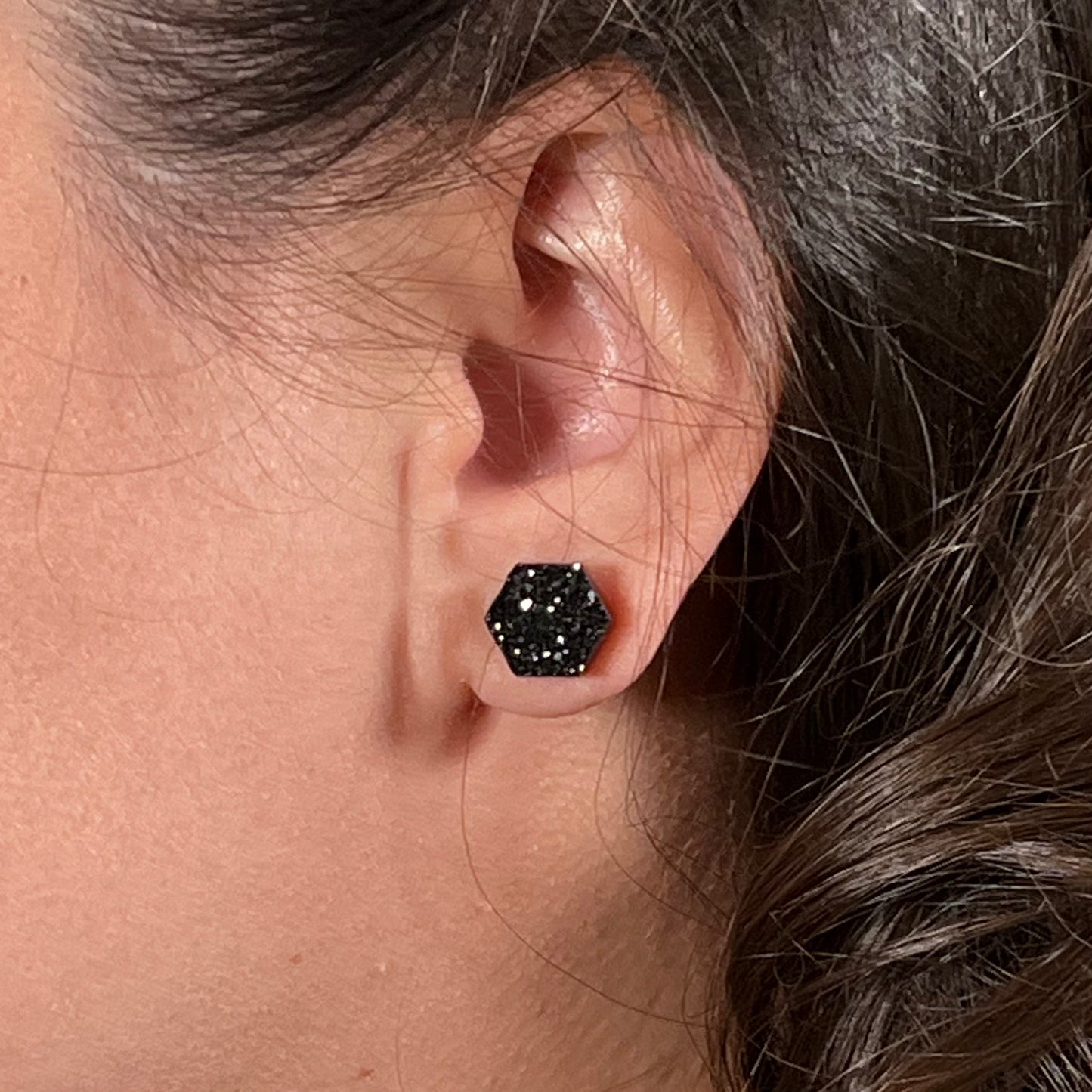 epoxy resin earrings, epoxy resin stud earrings, black stud earrings, stud earrings, stainless steel earrings, hypoallergenic earrings, crystal earrings, druse earrings, druzy studs, druzy earrings, hexagon earrings, earring gift for her