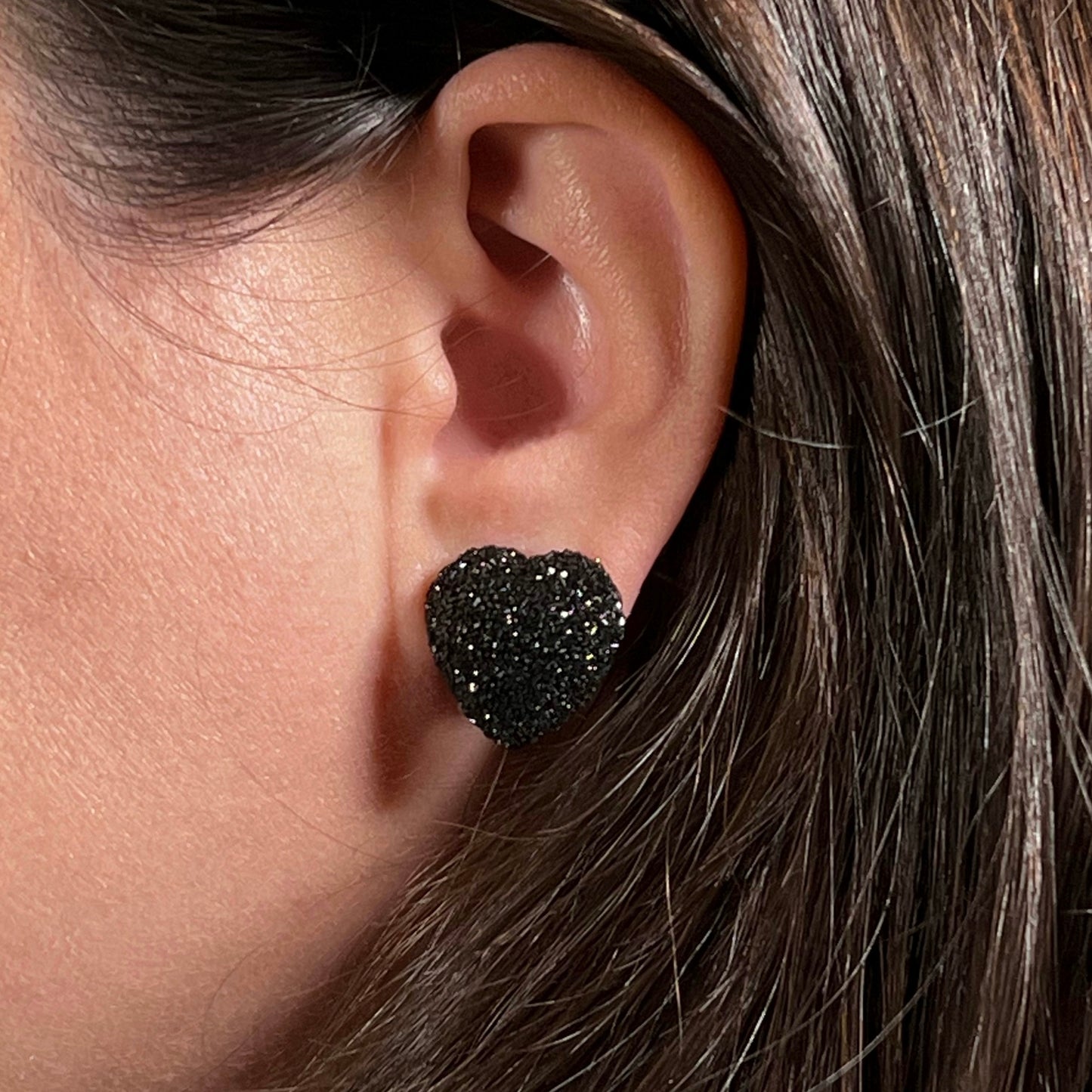 heart stud earrings, epoxy resin earrings, epoxy resin stud earrings, black stud earrings, stud earrings, stainless steel earrings, hypoallergenic earrings, crystal earrings, druse earrings, druzy studs, druzy earrings, heart earrings, earring gift for her