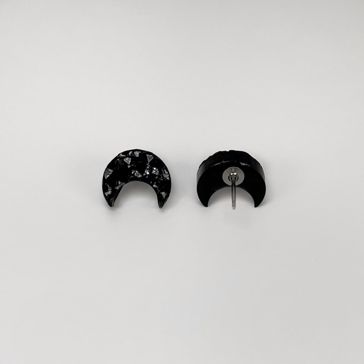 epoxy resin earrings, epoxy resin stud earrings, black stud earrings, stud earrings, stainless steel earrings, hypoallergenic earrings, hypoallergenic jewelry, crystal earrings, druse earrings, druzy studs, druzy earrings, moon earrings, earring gift for her, moon stud earrings