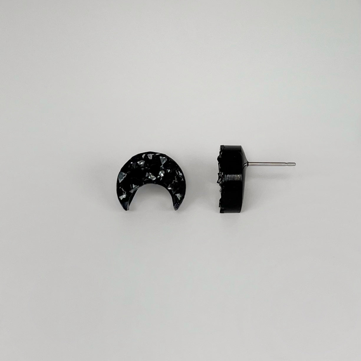 epoxy resin earrings, epoxy resin stud earrings, black stud earrings, stud earrings, stainless steel earrings, hypoallergenic earrings, hypoallergenic jewelry, crystal earrings, druse earrings, druzy studs, druzy earrings, moon earrings, earring gift for her, moon stud earrings