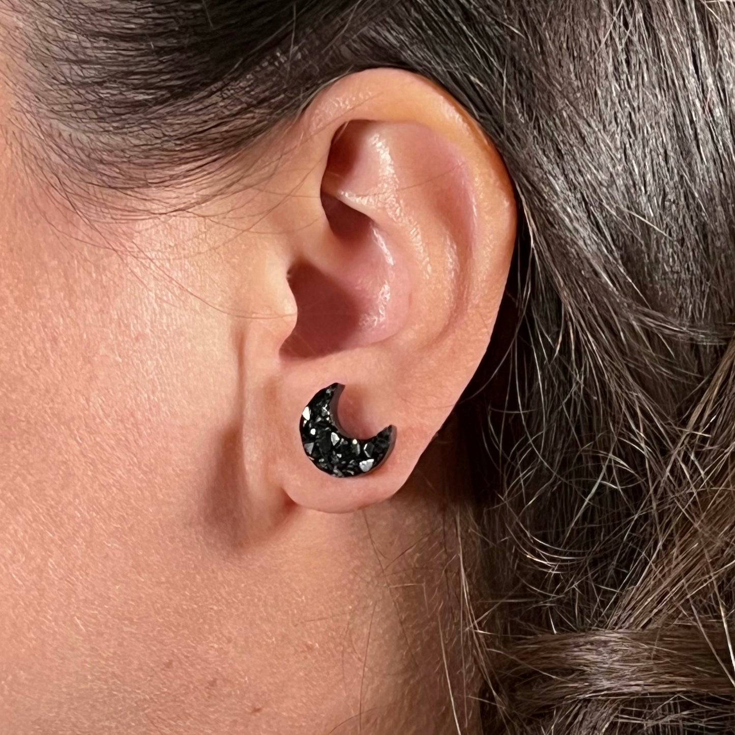 epoxy resin earrings, epoxy resin stud earrings, black stud earrings, stud earrings, stainless steel earrings, hypoallergenic earrings, hypoallergenic jewelry, crystal earrings, druse earrings, druzy studs, druzy earrings, moon earrings, earring gift for her, moon stud earrings