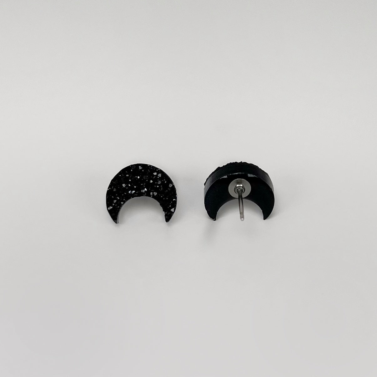 epoxy resin earrings, epoxy resin stud earrings, black stud earrings, stud earrings, stainless steel earrings, hypoallergenic earrings, hypoallergenic jewelry, crystal earrings, druse earrings, druzy studs, druzy earrings, moon earrings, earring gift for her, moon stud earrings
