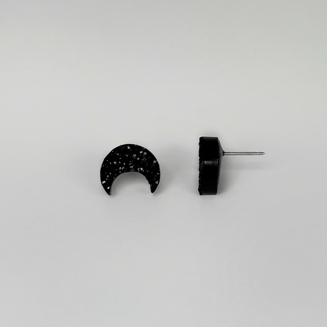epoxy resin earrings, epoxy resin stud earrings, black stud earrings, stud earrings, stainless steel earrings, hypoallergenic earrings, hypoallergenic jewelry, crystal earrings, druse earrings, druzy studs, druzy earrings, moon earrings, earring gift for her, moon stud earrings
