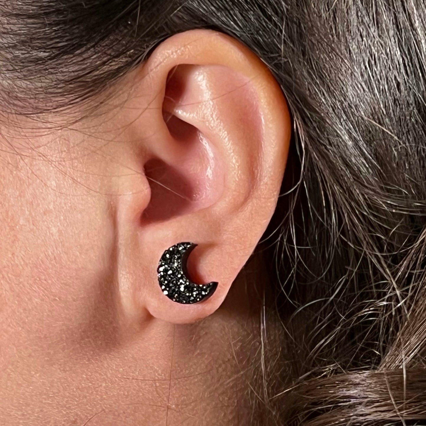 epoxy resin earrings, epoxy resin stud earrings, black stud earrings, stud earrings, stainless steel earrings, hypoallergenic earrings, hypoallergenic jewelry, crystal earrings, druse earrings, druzy studs, druzy earrings, moon earrings, earring gift for her, moon stud earrings
