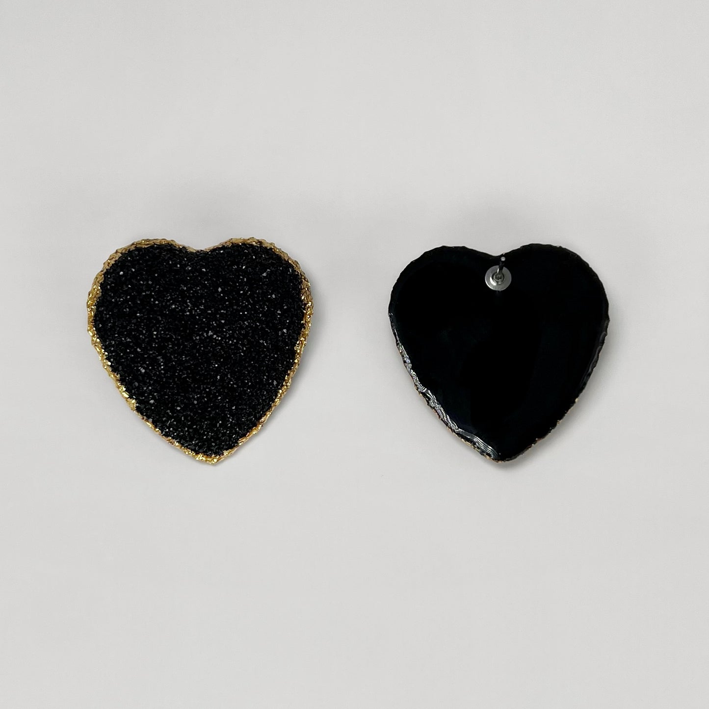 heart stud earrings, epoxy resin earrings, epoxy resin stud earrings, black stud earrings, stud earrings, stainless steel earrings, hypoallergenic earrings, crystal earrings, druse earrings, druzy studs, druzy earrings, heart earrings, earring gift for her