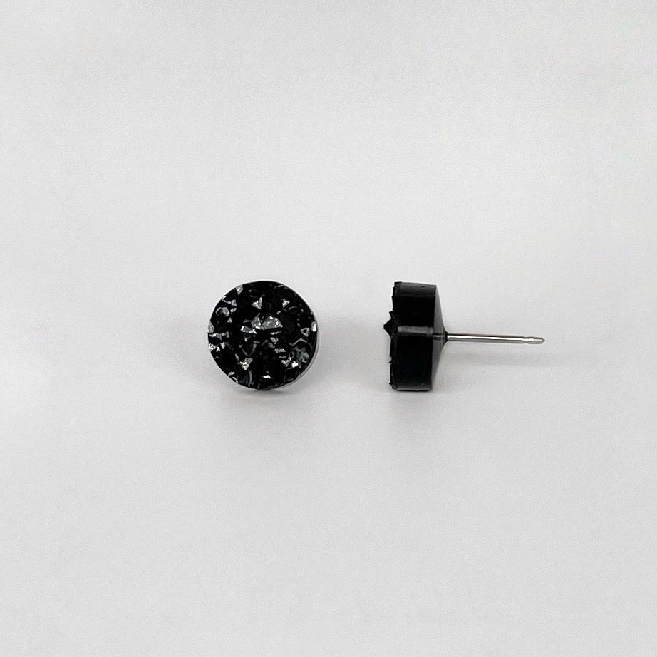 round stud earrings, epoxy resin earrings, epoxy resin stud earrings, black stud earrings, stud earrings, stainless steel earrings, hypoallergenic earrings, crystal earrings, druse earrings, druzy studs, druzy earrings, round earrings, earring gift for her, circle stud earrings