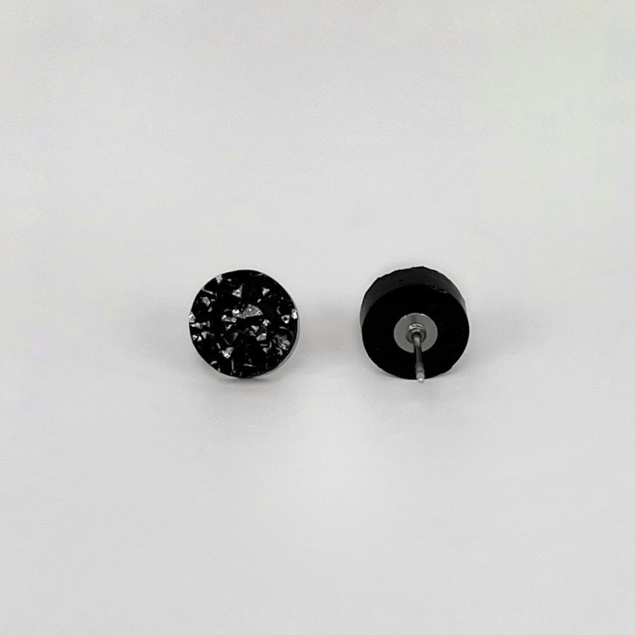 round stud earrings, epoxy resin earrings, epoxy resin stud earrings, black stud earrings, stud earrings, stainless steel earrings, hypoallergenic earrings, crystal earrings, druse earrings, druzy studs, druzy earrings, round earrings, earring gift for her, circle stud earrings