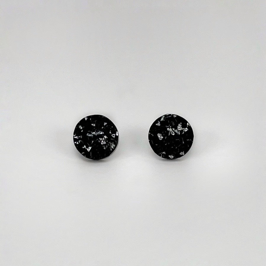 round stud earrings, epoxy resin earrings, epoxy resin stud earrings, black stud earrings, stud earrings, stainless steel earrings, hypoallergenic earrings, crystal earrings, druse earrings, druzy studs, druzy earrings, round earrings, earring gift for her, circle stud earrings