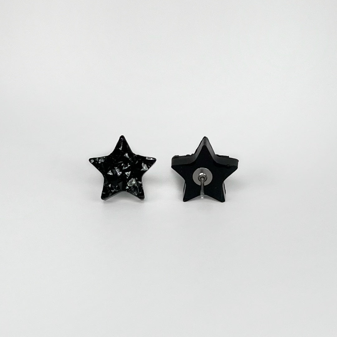 star stud earrings, epoxy resin earrings, epoxy resin stud earrings, black stud earrings, stud earrings, stainless steel earrings, hypoallergenic earrings, hypoallergenic jewelry, crystal earrings, druse earrings, druzy studs, druzy earrings, star earrings, earring gift for her