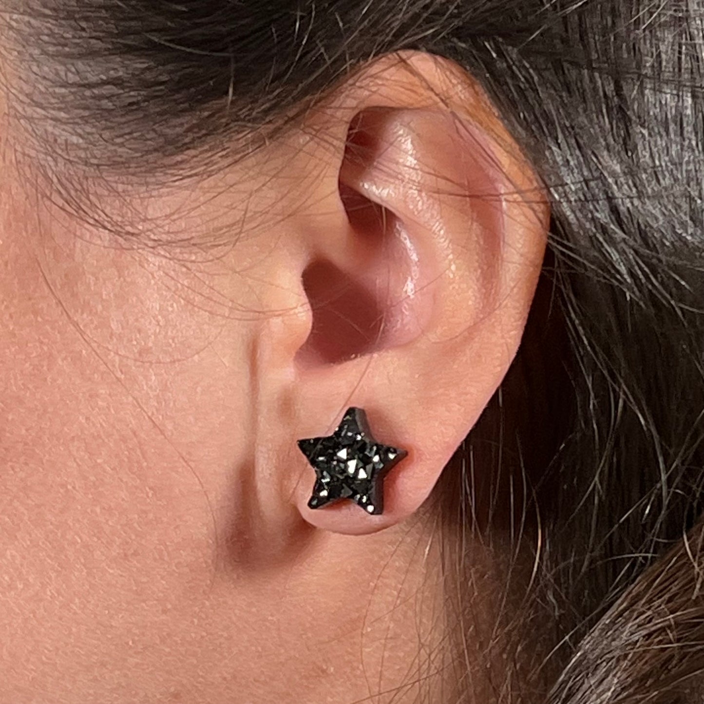 star stud earrings, epoxy resin earrings, epoxy resin stud earrings, black stud earrings, stud earrings, stainless steel earrings, hypoallergenic earrings, hypoallergenic jewelry, crystal earrings, druse earrings, druzy studs, druzy earrings, star earrings, earring gift for her