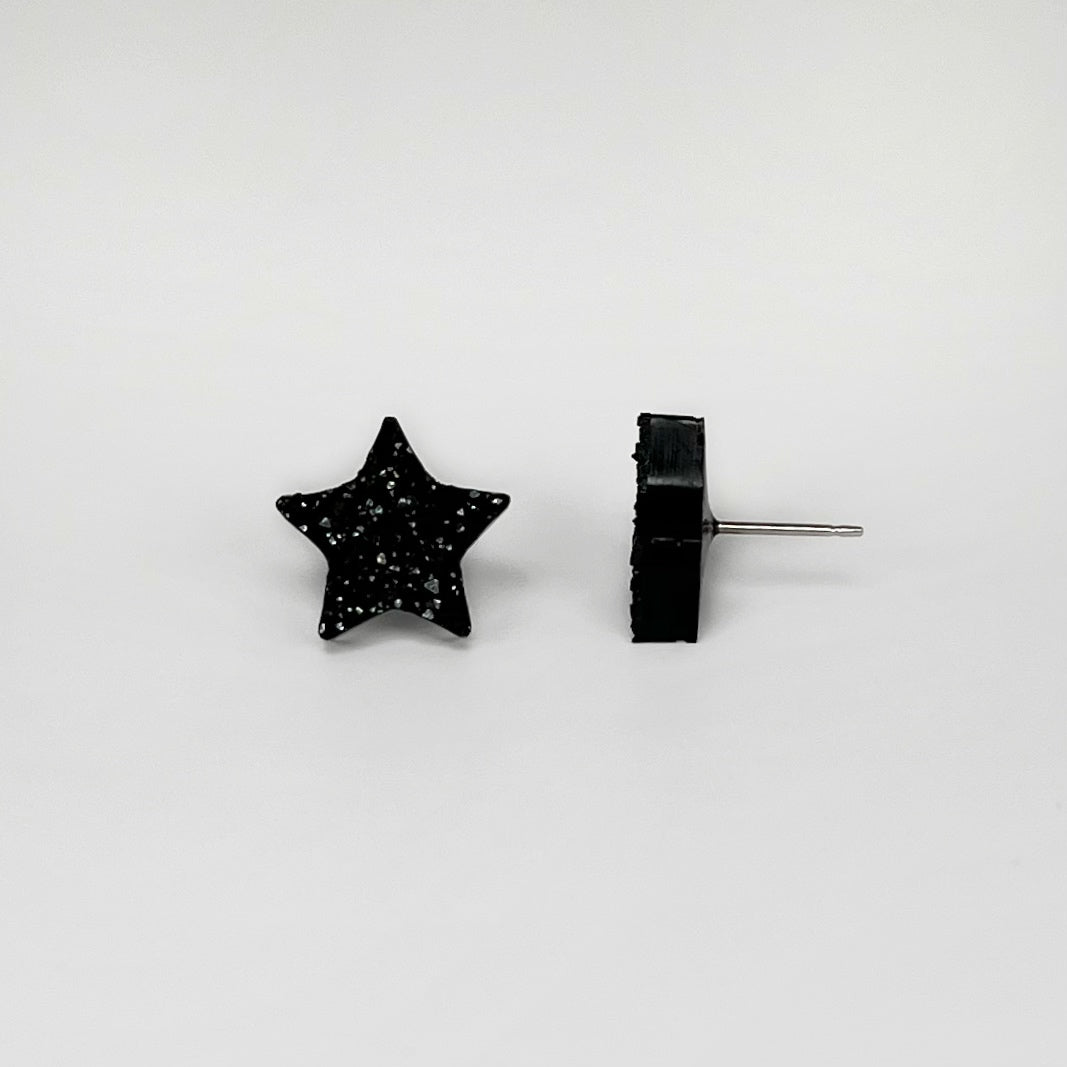 star stud earrings, epoxy resin earrings, epoxy resin stud earrings, black stud earrings, stud earrings, stainless steel earrings, hypoallergenic earrings, hypoallergenic jewelry, crystal earrings, druse earrings, druzy studs, druzy earrings, star earrings, earring gift for her