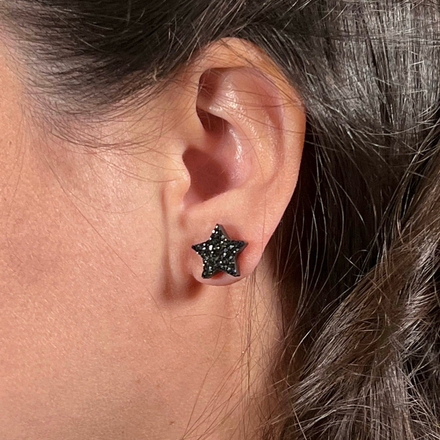 star stud earrings, epoxy resin earrings, epoxy resin stud earrings, black stud earrings, stud earrings, stainless steel earrings, hypoallergenic earrings, hypoallergenic jewelry, crystal earrings, druse earrings, druzy studs, druzy earrings, star earrings, earring gift for her