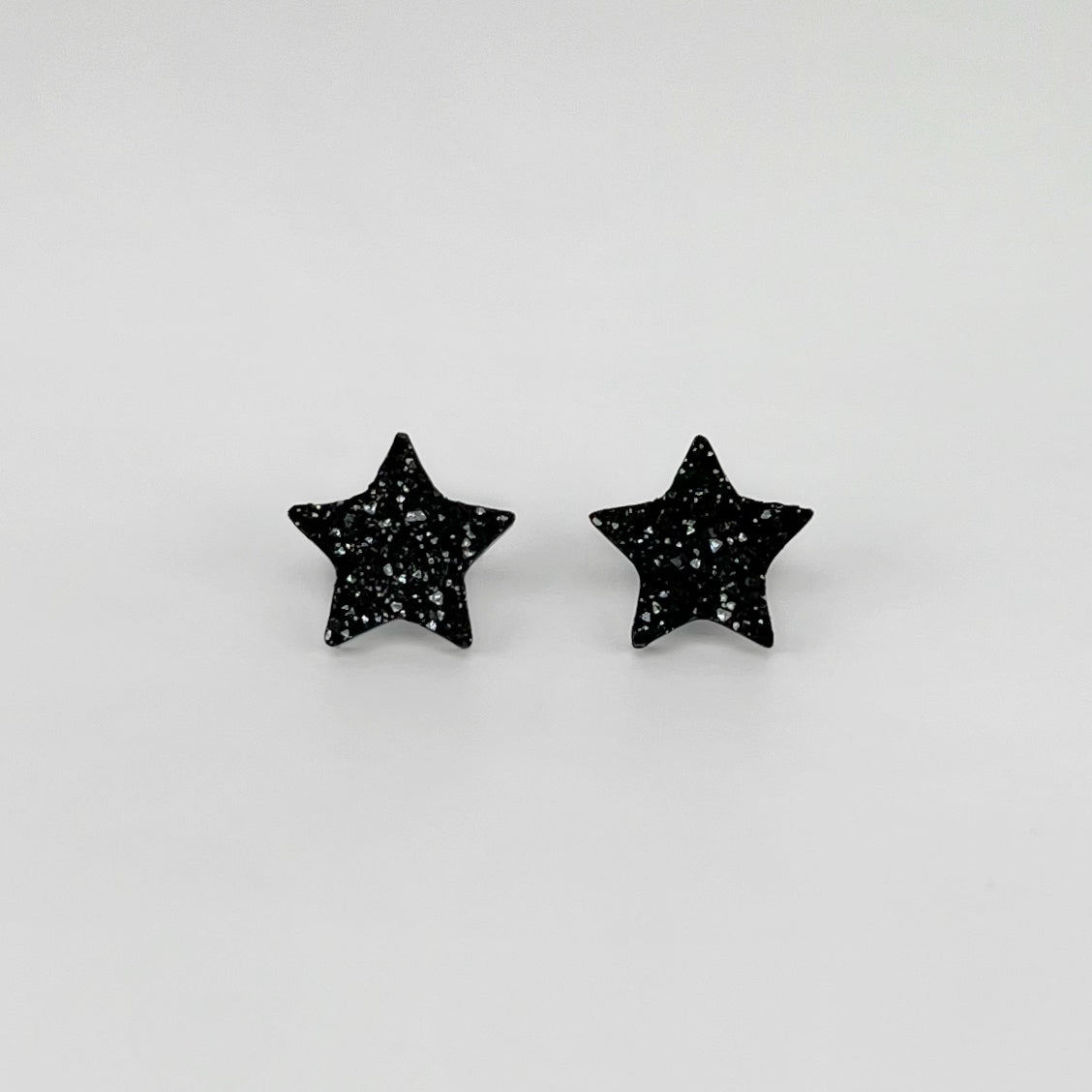 star stud earrings, epoxy resin earrings, epoxy resin stud earrings, black stud earrings, stud earrings, stainless steel earrings, hypoallergenic earrings, hypoallergenic jewelry, crystal earrings, druse earrings, druzy studs, druzy earrings, star earrings, earring gift for her