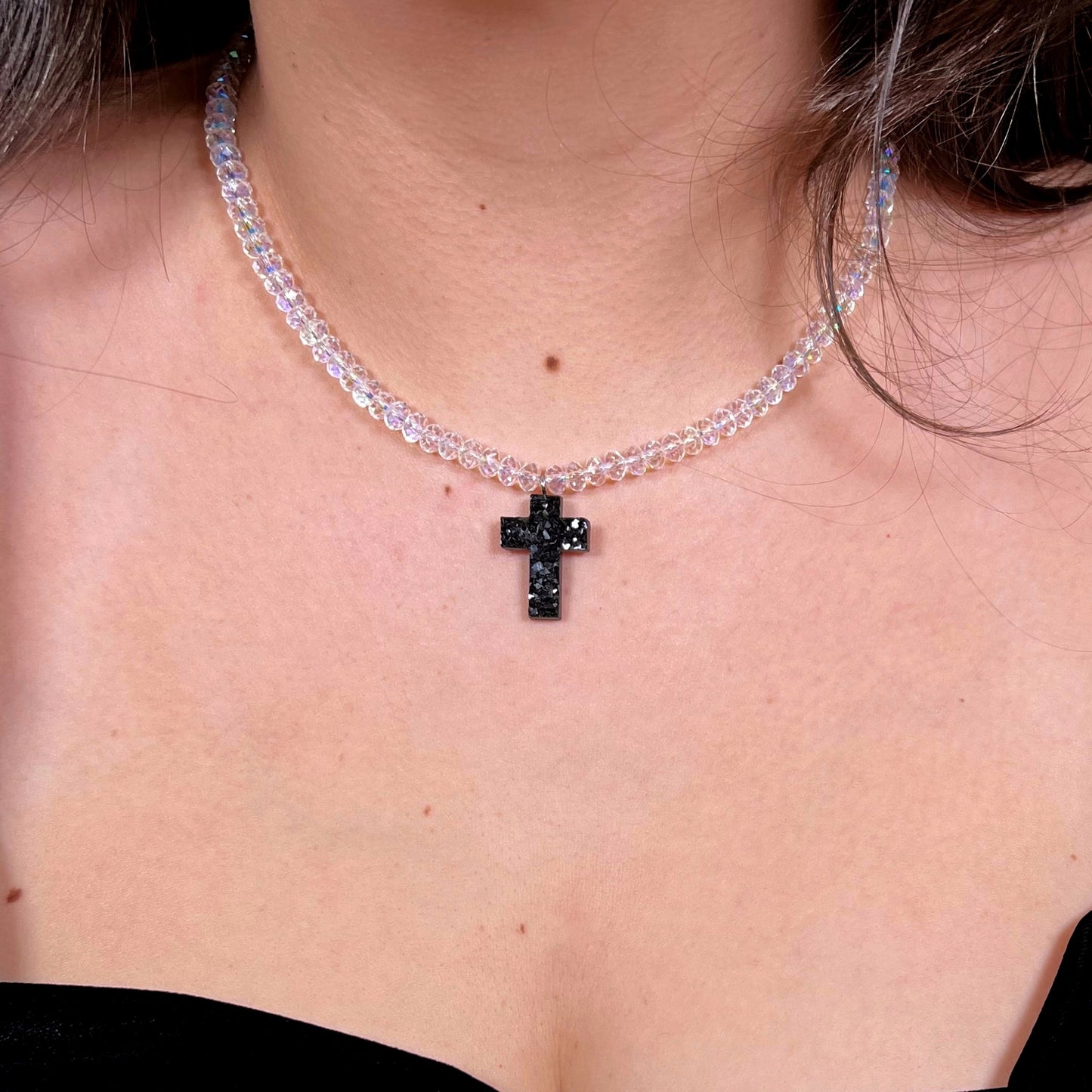 Beaded necklace with large-crystal cross pendant