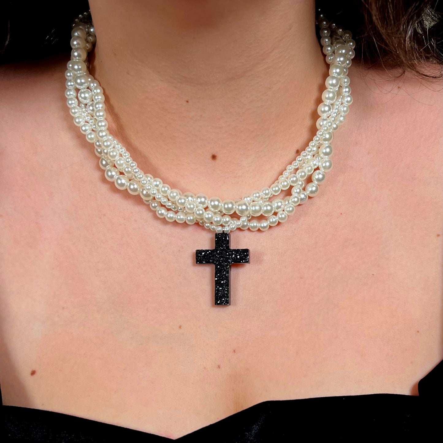 Braided pearl necklace with tiny-crystal cross pendant